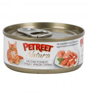 Влажный корм  для взрослых кошек, кусочки розового тунца/краб сурими, 70г Petreet