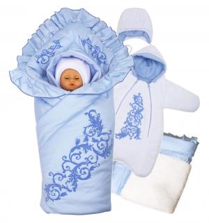 Комплект на выписку Ажур , цвет: голубой комбинезон/шапка/полноценное-одеяло Babyglory